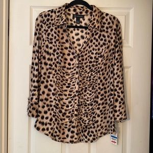 I.N.C. Cheetah ruched front v neck button front long sleeve top